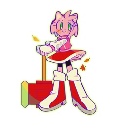 Size: 1280x1280 | Tagged: safe, artist:kumoggu, amy rose, blushing, full body, jacket, leaf, outline, piko piko hammer, simple background, smile, solo, standing, white background