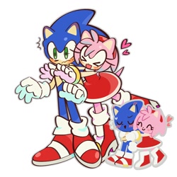 Size: 1280x1280 | Tagged: safe, artist:kumoggu, amy rose, sonic the hedgehog, amy x sonic, blushing, blushing ears, cute, eyes closed, heart, hugging, hugging from behind, shipping, simple background, smile, standing, straight, surprised, white background