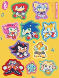 Size: 610x809 | Tagged: safe, artist:ropuning, amy rose, cream the rabbit, emerl, knuckles the echidna, miles "tails" prower, rouge the bat, shadow the hedgehog, sonic the hedgehog, chao, chibi, cute, group, neutral chao, robot, simple background, yellow background