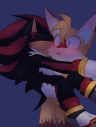 Size: 768x1024 | Tagged: safe, artist:marcy_darcy444, miles "tails" prower, shadow the hedgehog, 2025, blue background, blushing, carrying them, duo, ear fluff, eyes closed, gay, kiss on cheek, shadails, shipping, simple background, standing