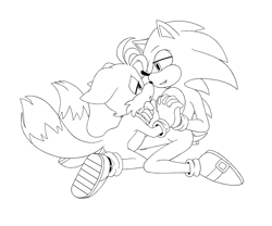 Size: 6300x5250 | Tagged: safe, artist:hyrulepirate, miles "tails" prower, sonic the hedgehog, 2024, duo, floppy ears, gay, holding hands, kneeling, lidded eyes, line art, looking at each other, monochrome, mouth open, shipping, signature, simple background, smile, sonic x tails, white background