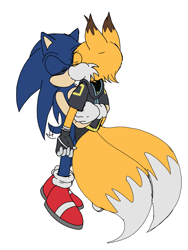 Size: 1537x2048 | Tagged: safe, artist:triplettailedfox, miles "tails" prower, nine, sonic the hedgehog, sonic prime, 2025, carrying them, duo, eyes closed, gay, kiss, mobius.social exclusive, nine x sonic, shipping, sonic x tails, standing, w.i.p, wagging tail