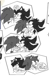 Size: 1290x2000 | Tagged: safe, artist:miralura, shadow the hedgehog, sonic the hedgehog, comic:spy (miralura), 2025, alternate outfit, alternate universe, au:spy (miralura), christmas, coat, comic, dialogue, duo, english text, gay, kiss, monochrome, scarf, shadow x sonic, shipping, speech bubble, winter outfit