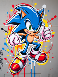 Size: 1536x2048 | Tagged: safe, ai art, artist:dreamup.ai, sonic the hedgehog, 2024, abstract background, looking at viewer, mouth open, outline, paint splatter, prompter:blvkgvldii, smile, solo, thumbs up