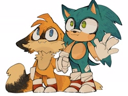 Size: 2048x1536 | Tagged: safe, artist:theremob, miles "tails" prower, sonic the hedgehog, 2025, :3, bandage, bandaid, bandaid over nose, cute, duo, fangs, floppy ears, holding hands, looking up, simple background, smile, sonabetes, tailabetes, waving, white background