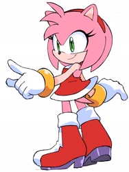 Size: 1536x2048 | Tagged: safe, artist:randomguy9991, amy rose, 2025, looking offscreen, pointing, simple background, smile, solo, standing, white background