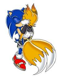 Size: 1537x2048 | Tagged: safe, artist:triplettailedfox, miles "tails" prower, nine, sonic the hedgehog, 2025, carrying them, duo, eyes closed, gay, holding them, kiss, mobius.social exclusive, nine x sonic, shipping, simple background, sonic x tails, standing, transparent background, uekawa style, wagging tail