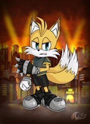 Size: 2130x2936 | Tagged: safe, artist:creamfangal, miles "tails" prower, nine, sonic prime, 2024, abstract background, clenched teeth, frown, lidded eyes, signature, solo, standing