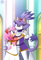 Size: 564x824 | Tagged: safe, artist:gloryraiin, amy rose, blaze the cat, 2025, abstract background, alternate outfit, amy x blaze, dancing, dress, holding each other, holding hands, lesbian, looking at each other, shipping, smile