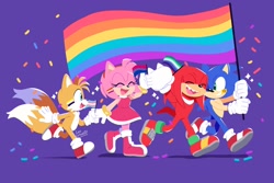 Size: 2048x1365 | Tagged: safe, artist:lou_lubally, amy rose, knuckles the echidna, miles "tails" prower, sonic the hedgehog, 2022, amybetes, bisexual pride, confetti, cute, eyes closed, flag, gay pride, group, holding something, intersex pride, lesbian pride, looking ahead, mlm pride, mouth open, nonbinary pride, pride, pride flag, smile, sparkles, trans pride, walking, wink