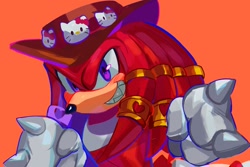 Size: 1689x1131 | Tagged: safe, artist:miuchat_cat, knuckles the echidna, 2025, clenched fists, hat, hello kitty, knuckles' hat, looking at viewer, orange background, sanrio, simple background, smile, solo