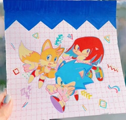 Size: 2048x1956 | Tagged: safe, artist:rneku64661, knuckles the echidna, miles "tails" prower, sonic the hedgehog, markerwork, team sonic, traditional media, trio, v sign, wink