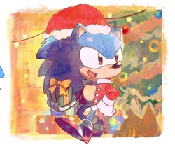 Size: 1776x1492 | Tagged: safe, artist:rneku64661, sonic the hedgehog, christmas, christmas outfit, christmas tree, classic sonic, gift box, hat, present, ring, santa hat, smile, solo