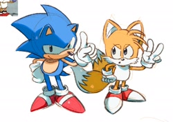 Size: 2048x1448 | Tagged: safe, artist:rneku64661, miles "tails" prower, sonic the hedgehog, sonic the ova, classic sonic, classic tails, duo, simple background, standing, v sign, white background