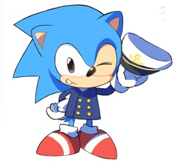 Size: 1260x1190 | Tagged: safe, artist:rneku64661, sonic the hedgehog, the murder of sonic the hedgehog, classic sonic, hat, holding something, simple background, smile, standing, white background, wink