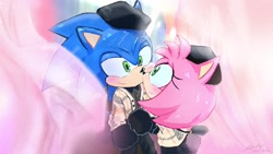 Size: 1200x675 | Tagged: safe, artist:ropuning, amy rose, sonic the hedgehog, alternate outfit, amy x sonic, duo, hat, looking at each other, shipping, smile, straight