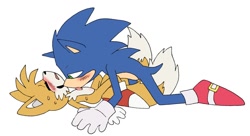 Size: 1028x560 | Tagged: suggestive, artist:pachirizuu, miles "tails" prower, sonic the hedgehog, 2025, age difference, all fours, blushing, duo, eyes closed, gay, licking, licking chest, lidded eyes, looking at them, lying down, proship, shipping, simple background, sonic x tails, sweatdrop, tongue out, underage, white background