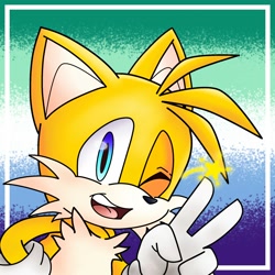 Size: 2000x2000 | Tagged: safe, artist:acqua_lizard, miles "tails" prower, 2025, gay, headcanon, icon, looking at viewer, mlm pride, mouth open, pride flag background, smile, solo, star (symbol), v sign, wink