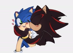 Size: 2048x1493 | Tagged: safe, artist:63ab36, shadow the hedgehog, sonic the hedgehog, 2025, blushing, blushing ears, cute, duo, eyes closed, gender swap, gloves off, grey background, heart, holding another's face, kiss on cheek, lesbian, looking at them, one eye closed, r63 shipping, shadow x sonic, shadowbetes, shipping, simple background, smile, sonabetes