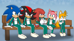 Size: 1922x1069 | Tagged: safe, artist:fennecp, amy rose, knuckles the echidna, miles "tails" prower, shadow the hedgehog, sonic the hedgehog, 2025, bench, crossover, frown, gay, group, holding hands, shadow x sonic, shipping, sitting, squid game