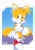 Size: 1448x2048 | Tagged: safe, artist:guruguru, miles "tails" prower, fox, 2025, abstract background, character name, holding tail, looking offscreen, male, mouth open, signature, sitting, solo