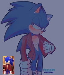 Size: 1080x1270 | Tagged: safe, artist:jazzmm15, sonic the hedgehog, 2025, blazer, blue background, lidded eyes, looking at viewer, mouth open, reference inset, signature, simple background, solo, standing, stupid sexy sonic