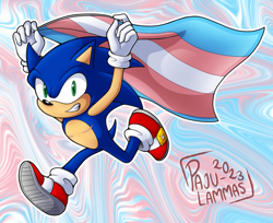 Size: 3379x2754 | Tagged: safe, artist:pajulammas, sonic the hedgehog, 2023, abstract background, flag, holding something, looking at viewer, outline, pride, pride flag, running, signature, smile, solo, top surgery scars, trans male, trans pride, transgender