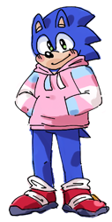 Size: 330x649 | Tagged: safe, artist:zombyt, sonic the hedgehog, 2019, blushing, hands in pocket, hoodie, looking at viewer, simple background, smile, solo, standing, trans male, trans pride, transgender, white background