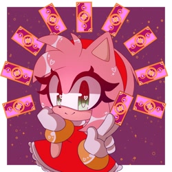 Size: 2048x2048 | Tagged: safe, artist:lunateaq, amy rose, 2024, abstract background, amybetes, card, cute, holding something, looking at viewer, smile, solo, sparkles, standing, tarot card