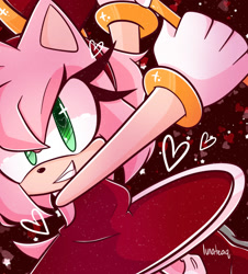 Size: 1936x2143 | Tagged: safe, artist:lunateaq, amy rose, 2024, heart, holding something, icon, looking at viewer, outline, piko piko hammer, signature, smile, solo