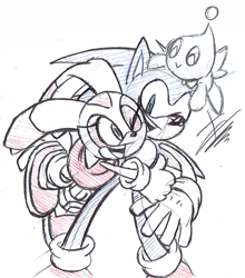 Size: 924x1050 | Tagged: safe, artist:sparckleth, cheese (chao), cream the rabbit, sonic the hedgehog, chao, 2023, cute, eyes closed, hugging, looking at each other, neutral chao, one eye closed, platonic, signature, sketch, smile, standing, traditional media, trio