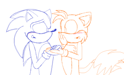 Size: 798x484 | Tagged: safe, artist:soneamlover, miles "tails" prower, sonic the hedgehog, 2019, blushing, duo, gay, holding hands, line art, looking at each other, monochrome, shipping, simple background, sketch, sonic x tails, white background