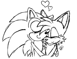 Size: 500x383 | Tagged: artist needed, source needed, safe, miles "tails" prower, sonic the hedgehog, black and white, blushing, cute, duo, duo male, eyes closed, gay, heart, holding each other, hugging, line art, low res, male, males only, monochrome, shipping, signature, simple background, sketch, smile, sonabetes, sonic x tails, standing, tailabetes, unknown date, white background