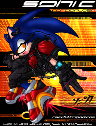 Size: 600x788 | Tagged: safe, artist:digital-addict, sonic the hedgehog, 2002, abstract background, alternate eye color, alternate outfit, bracelet, chain, character name, clothes, earpiece, glasses, hoodie, looking at viewer, mouth open, orange eyes, pants, signature, smile, soap shoes, solo