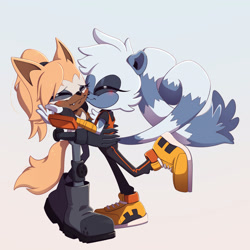 Size: 2048x2048 | Tagged: safe, artist:nigaude_, tangle the lemur, whisper the wolf, 2024, blushing, duo, eyes closed, gradient background, hands on another's face, heart tail, kiss on cheek, lesbian, one fang, shipping, smile, standing, standing on one leg, tangle x whisper