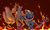 Size: 2000x1217 | Tagged: safe, artist:straybird25, metal sonic, miles "tails" prower, fox, 2020, abstract background, backlighting, black sclera, bleeding, blood, clenched teeth, duo, ear fluff, eyes closed, fight, fire, floppy ears, gloves off, holding another's neck, injured, looking at viewer, nosebleed, robot, shine