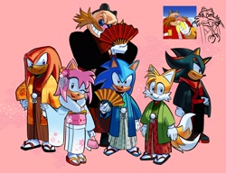 Size: 2600x2000 | Tagged: safe, artist:dugger_illust, amy rose, knuckles the echidna, miles "tails" prower, robotnik, shadow the hedgehog, sonic the hedgehog, banana, japanese clothes