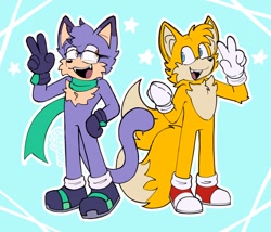 Size: 1500x1282 | Tagged: safe, artist:sodapr1nce, miles "tails" prower, oc, oc:miles the cat, cat, fox, 2025, abstract background, clenched fist, duo, hand on hip, looking at each other, mouth open, outline, smile, standing, star (symbol), v sign