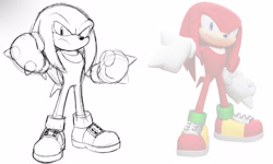 Size: 1878x1125 | Tagged: safe, artist:justin61894350, knuckles the echidna, 2025, clenched fists, frown, looking at viewer, monochrome, redraw, reference inset, simple background, sketch, solo, white background