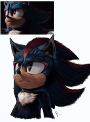 Size: 754x1024 | Tagged: safe, artist:msvartzy, shadow the hedgehog, sonic the hedgehog 3 (film), 2025, lineless, looking up, mouth open, redraw, reference inset, simple background, solo, white background