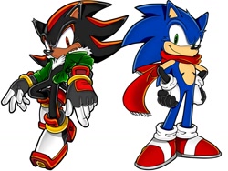 Size: 1024x768 | Tagged: safe, artist:loser_boy505, editor:loser boy505, shadow the hedgehog, sonic the hedgehog, 2025, coat, duo, edit, frown, looking at viewer, redesign, scarf, smile, standing, top surgery scars, trans male, transgender, uekawa style