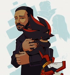 Size: 1891x2048 | Tagged: safe, artist:kpolosatart, agent stone, maria robotnik, robotnik, shadow the hedgehog, human, sonic the hedgehog 3 (film), 2025, crying, duo, eyes closed, hugging, lidded eyes, silhouette, standing, tears, tears of sadness