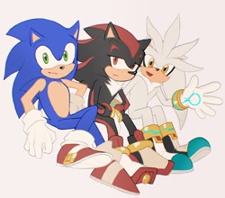 Size: 1200x1056 | Tagged: safe, artist:lafarge_iash, shadow the hedgehog, silver the hedgehog, sonic the hedgehog, 2025, flat colors, frown, grey background, lidded eyes, looking at viewer, mouth open, simple background, sitting, smile, trio, waving