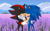 Size: 2000x1225 | Tagged: safe, artist:fennecp, shadow the hedgehog, sonic the hedgehog, 2025, abstract background, clouds, daytime, duo, eyes closed, field, gay, holding each other, kiss, lavender, outdoors, shadow x sonic, shipping, standing, tongue out