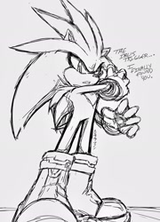 Size: 1477x2048 | Tagged: safe, artist:ommzii, silver the hedgehog, 2025, clenched teeth, dialogue, english text, frown, grey background, line art, looking offscreen, monochrome, simple background, sketch, solo, standing