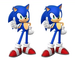 Size: 1212x979 | Tagged: safe, editor:supsross, sonic the hedgehog, 2025, 3d, edit, hand on hip, looking at viewer, reference inset, simple background, smile, solo, thumbs up, white background