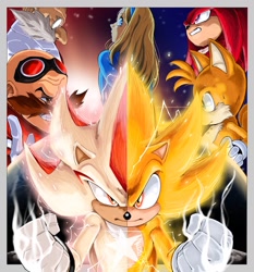 Size: 1911x2048 | Tagged: safe, artist:america senpai, gerald robotnik, knuckles the echidna, maria robotnik, miles "tails" prower, robotnik, shadow the hedgehog, sonic the hedgehog, super shadow, super sonic, human, sonic the hedgehog 3 (film), 2025, abstract background, group, movie poster, poster, super form, two sides