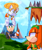Size: 1000x1200 | Tagged: safe, artist:kentenious2, knuckles the echidna, miles "tails" prower, sonic the hedgehog, oc, oc:millie "tails" prower, 2021, abstract background, carrying them, clothes, clouds, flying, gender swap, grass, lidded eyes, looking at each other, outdoors, signature, smile, sonabetes, spinning tails, team sonic, trio, waterfall