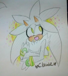 Size: 1224x1356 | Tagged: safe, artist:luucalio, silver the hedgehog, 2018, abstract background, blushing, cute, looking offscreen, mouth open, neck fluff, signature, silvabetes, smile, solo, traditional media