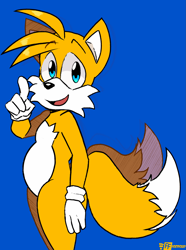 Size: 1523x2048 | Tagged: safe, artist:footfoxxy, miles "tails" prower, 2023, blue background, chubby, flat colors, looking at viewer, mouth open, pointing, signature, simple background, smile, solo, standing